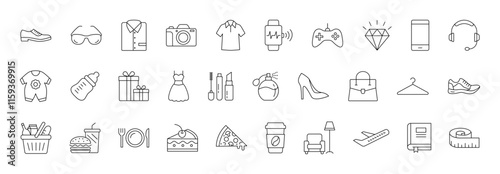E-commerce Icon set in line style for Digital Stores and Online Shopping. Set of minimal vector icons representing e-commerce items like electronics, food, clothing and accessories. Editable strokes.