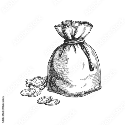 Vector hand-drawn illustration of pouch of golden coins. Black and white sketch of money bag. Wild West symbol.
