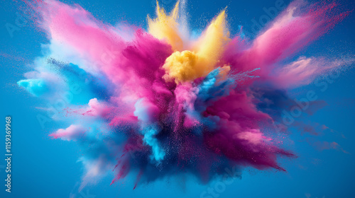 Vibrant explosion of colorful powder against blue sky