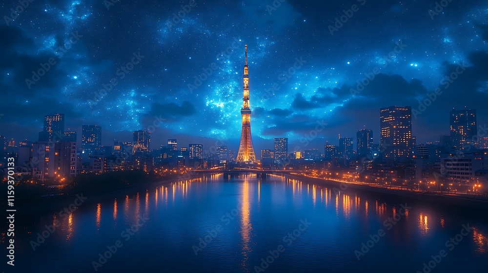 Tokyo skyline glowing vividly at night mirrored perfectly in serene calm waters photo Tokyo skyline glowing vividly at night mirrored perfectly in serene calm waters photo