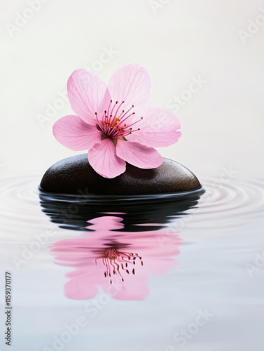 Pink Blossom on Smooth Stone Floating - Serenity, peace, tranquility, nature, reflection. A pink blossom atop a smooth, dark stone floats gently on calm water, symbolizing inner peace and the beauty o