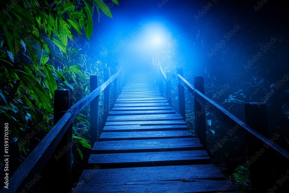 Fototapeta premium Jungle Fog Path Ascent - Mystical wooden stairs ascending through a foggy jungle at night, symbolizing adventure, mystery, journey, hope, and the unknown.
