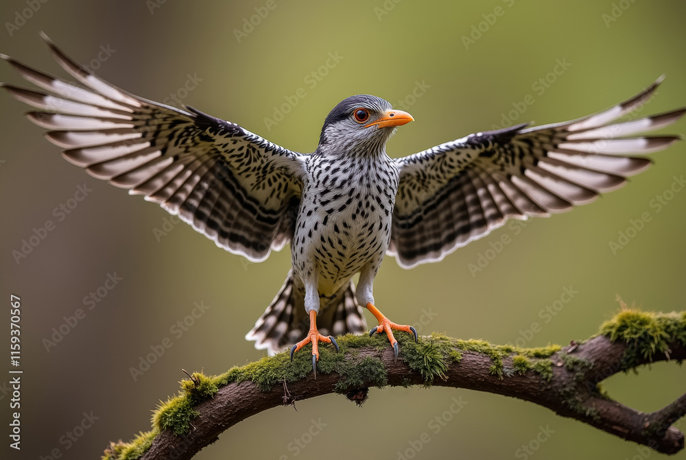 Bird with outstretched wings on a mossy branch Bird with outstretched wings on a mossy branch