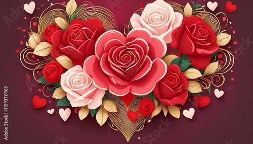 Design a bouquet of roses or flowers intertwined with heart shapes, creating a romantic, artistic composition. Use deep reds, pinks, and gold accents.