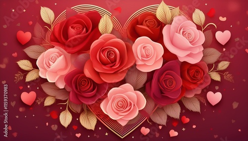 Design a bouquet of roses or flowers intertwined with heart shapes, creating a romantic, artistic composition. Use deep reds, pinks, and gold accents.
