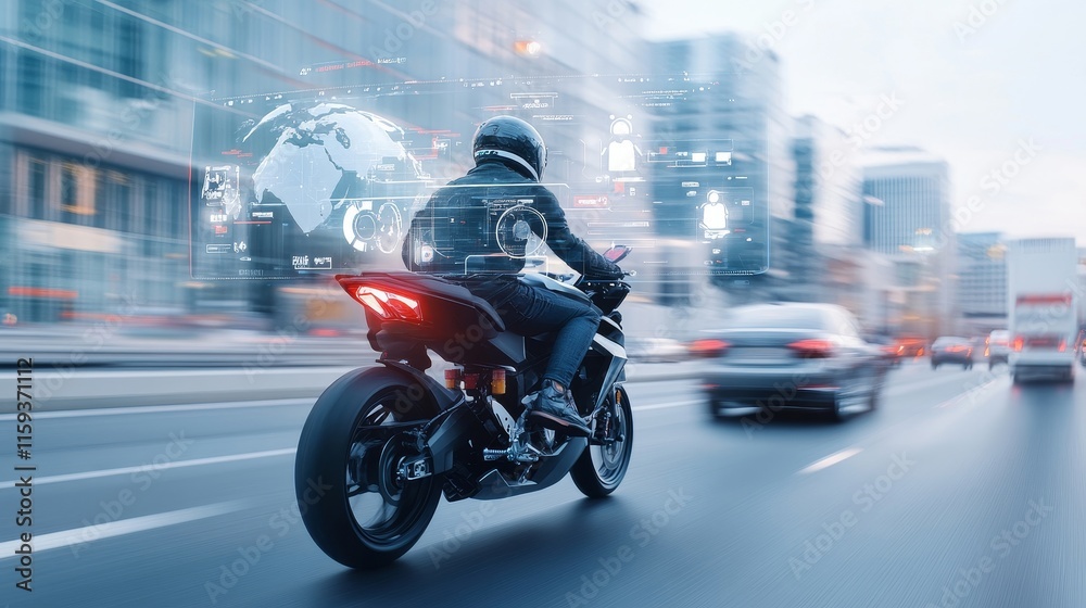 Futuristic Motorcycle Rider in Urban Setting with Digital Overlay Representing Global Connectivity and Technology Advancements on Modern City Streets Futuristic Motorcycle Rider in Urban Setting with Digital Overlay Representing Global Connectivity and Technology Advancements on Modern City Streets