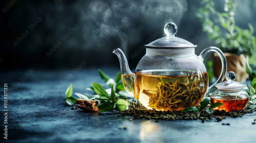Glass Teapot Brewing Aromatic Herbal Tea Glass Teapot Brewing Aromatic Herbal Tea