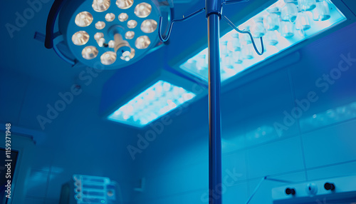 equipment and medical devices in modern operating room take with art lighting and blue filter