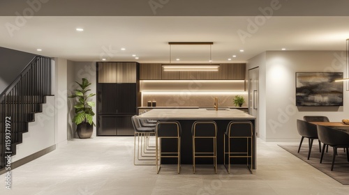 Minimalist modern walkout basement with clean, stylish design. Featuring neutral tones and sleek furnishings