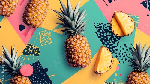 Vibrant Pineapples Arranged Against Geometric Background