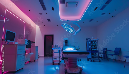 equipment and medical devices in modern operating room take with art lighting and blue filter