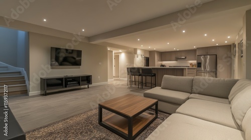 Minimalist modern walkout basement with clean, stylish design. Featuring neutral tones and sleek furnishings