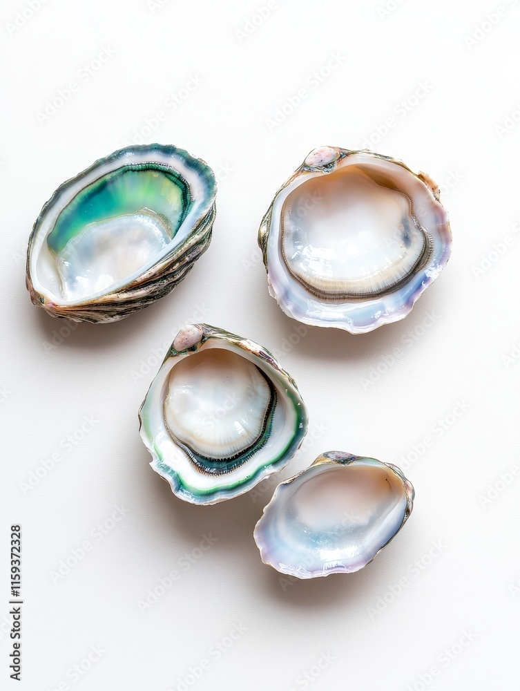 Colorful Seashells on White Background - Ocean treasures, iridescent shells, coastal beauty, summer vibes, nature's art. Colorful Seashells on White Background - Ocean treasures, iridescent shells, coastal beauty, summer vibes, nature's art.