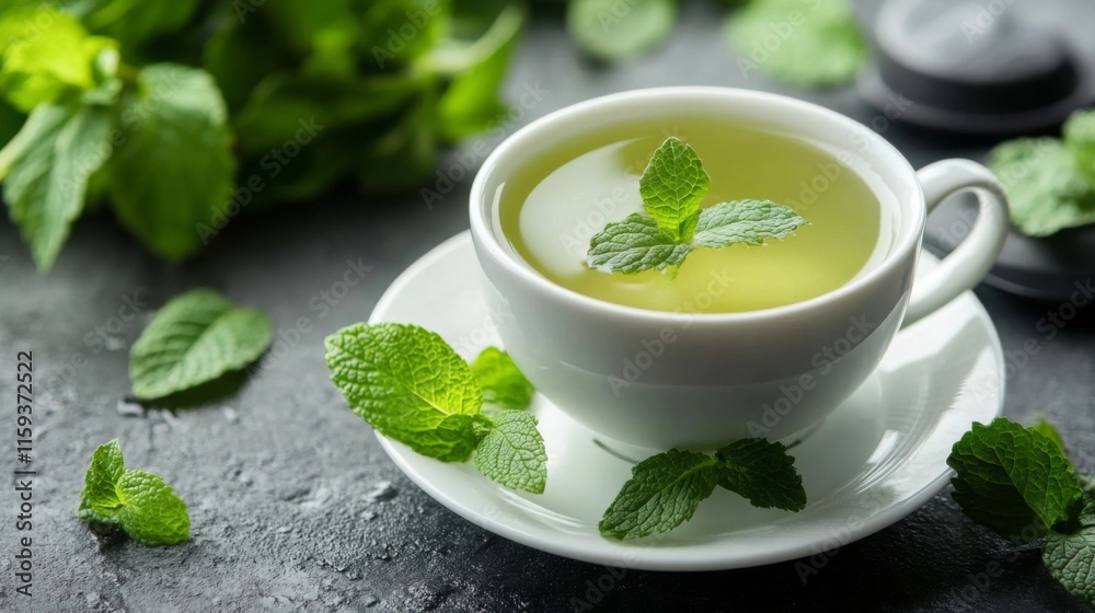 Refreshing Cup Of Mint Tea With Fresh Leaves Refreshing Cup Of Mint Tea With Fresh Leaves