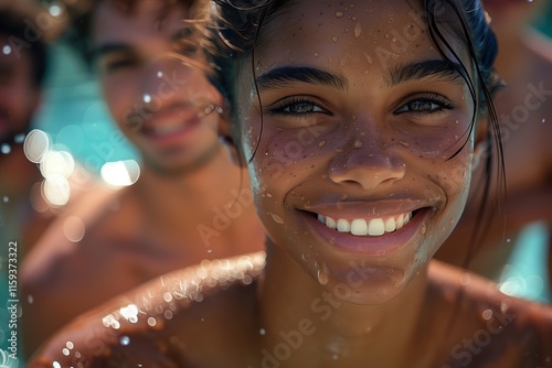 A joyful young woman smiling in a pool, surrounded by friends with water droplets capturing a moment of happiness. photo