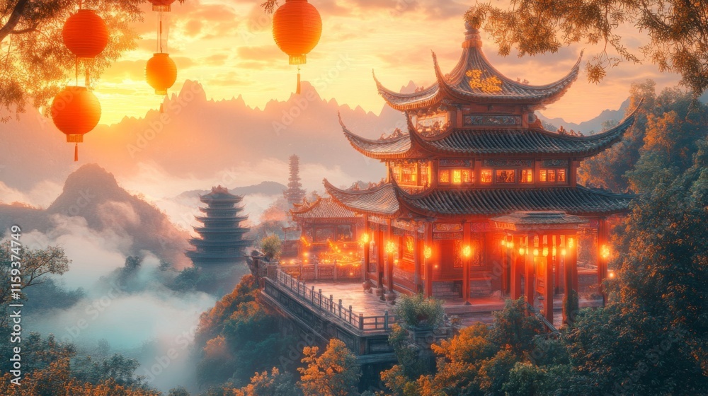 Fototapeta premium Sunrise illuminates Chinese temple nestled in misty mountains