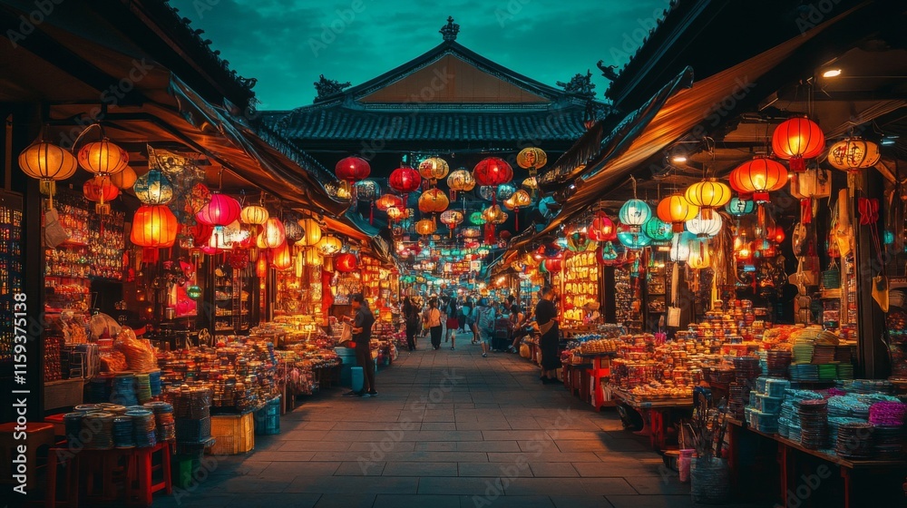 Illuminated Night Market Street Scene With Lanterns Illuminated Night Market Street Scene With Lanterns