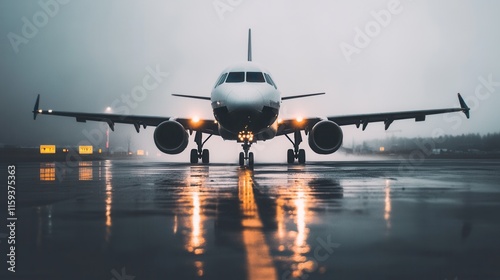 Airplane on misty runway with glowing lights