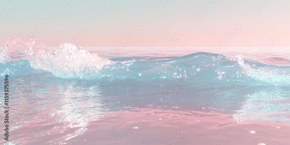 Fototapeta premium Soft waves roll onto a tranquil shoreline under a pastel sky during early morning, reflecting colors that evoke a sense of calm and relaxation. Generative AI