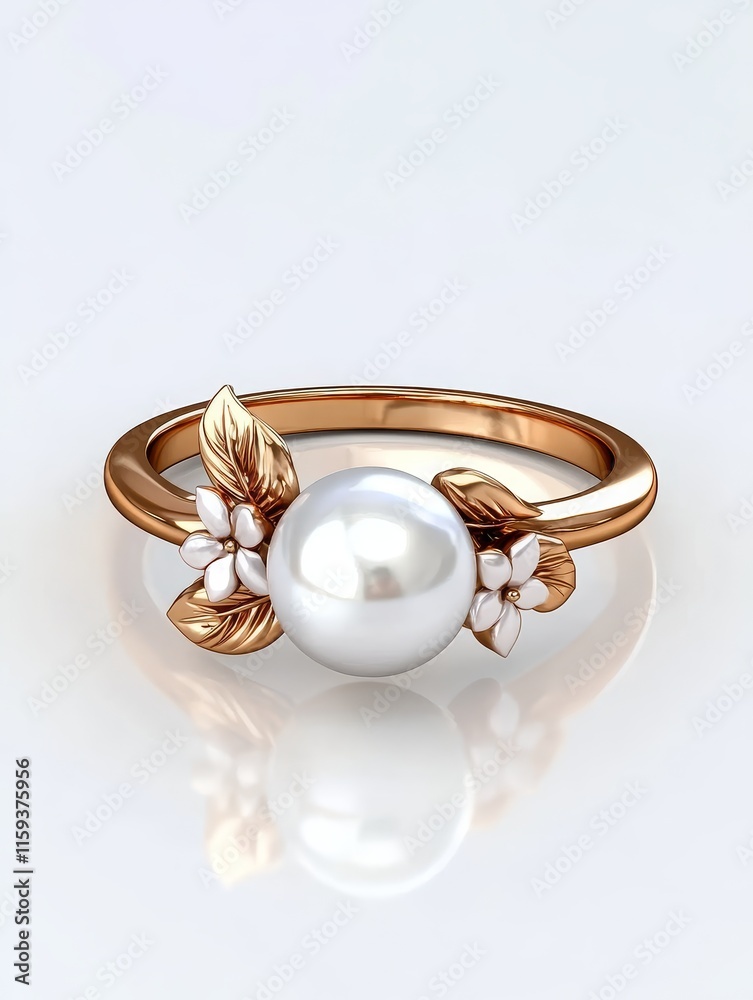 Floral Pearl Engagement Ring in Rose Gold - Elegant rose gold ring featuring a lustrous pearl accented by delicate floral and leaf motifs. Symbolizing love, purity, nature, commitment, and new beginni Floral Pearl Engagement Ring in Rose Gold - Elegant rose gold ring featuring a lustrous pearl accented by delicate floral and leaf motifs. Symbolizing love, purity, nature, commitment, and new beginni