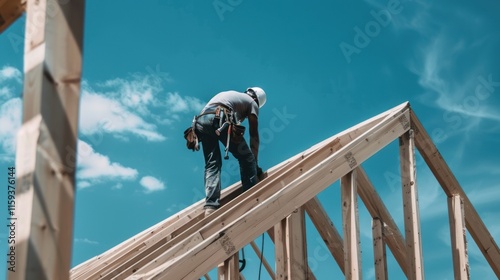 Wallpaper Mural Construction worker on a roof truss, securing wooden beams under a bright sky. Torontodigital.ca