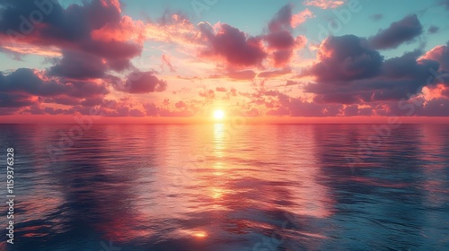 Radiant sunrise illuminating tranquil sea horizon with vibrant colors and serene morning light photo