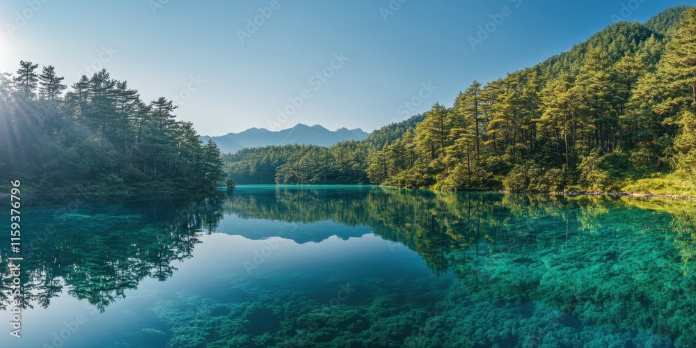 Naklejka premium The tranquil lake showcases vibrant blue water surrounded by towering trees and distant mountains, capturing the essence of a peaceful natural landscape. Generative AI