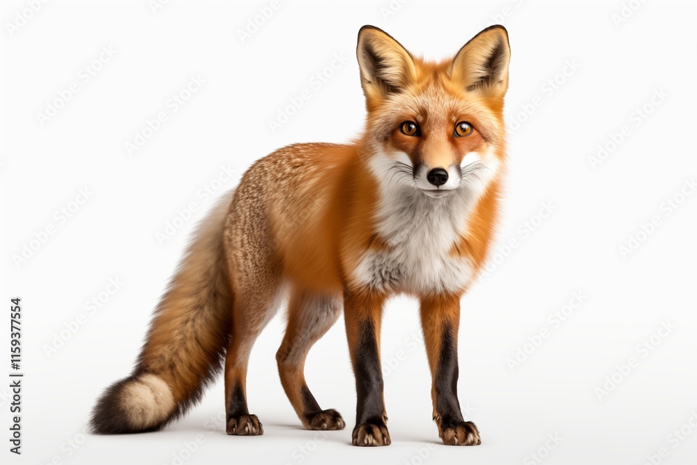 Fototapeta premium A realistic depiction of a fox standing confidently on a white background, showcasing its vibrant fur and keen expression.