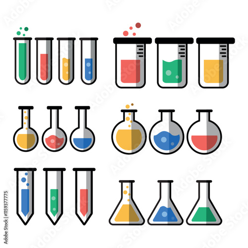 Set of Colorful Laboratory Glassware Icons Representing Scientific Experiments and Chemistry Tools