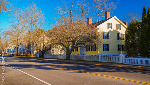 Madison Green Historic District with Landmark Buildings and Architecture in Madison Downtown, Connecticut, USA