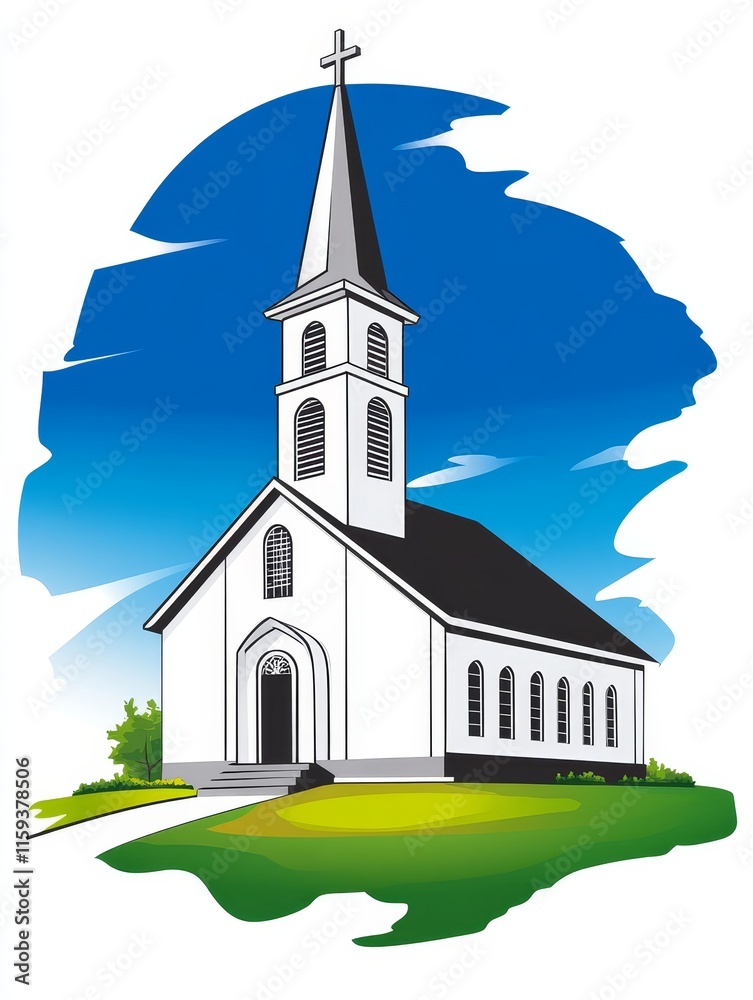 Naklejka premium Peaceful Country Church - Tranquil church, steeple, blue sky, green grass, faith, serenity. Symbolizes peace, hope, community, spirituality, and devotion.