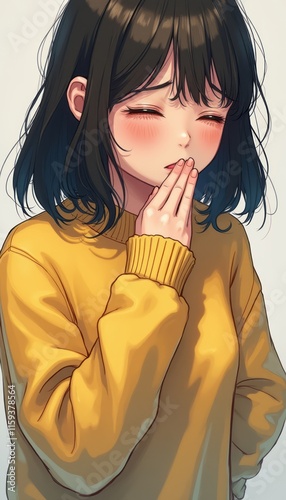 A young girl with shoulder-length black hair, wearing a bright yellow sweater, appears lost in thought, her hand gently covering her mouth. The soft blush on her cheeks adds a touch of warmth, evoking