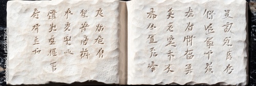 Ancient Stone Book Pages - A close-up of aged, stone pages inscribed with ancient script. Evokes history, mystery, wisdom, knowledge, and timelessness.
