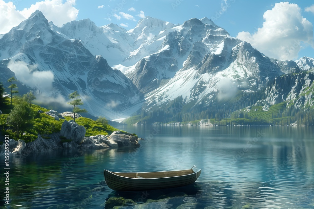 Obraz premium A serene lake surrounded by majestic mountains and lush greenery, ideal for relaxation and nature appreciation.