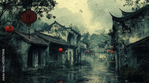 Wallpaper Mural Rainy Day in an Ancient Chinese Village Street Torontodigital.ca