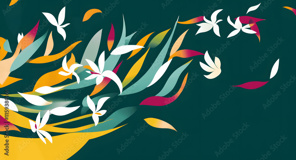 Obraz premium Spring breeze with flower petals swirling delicately on a pastel blue background.