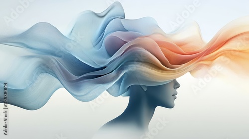 Abstract representation of the human mind with flowing multicolored waves, symbolizing creativity, emotion, and thoughts in a surreal artistic style showcasing mental exploration.