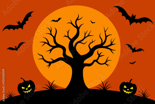 Spooky Halloween Tree Background Vector Illustration