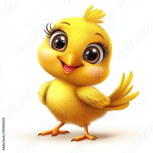 Funny cartoon chick with big eyes and cheerful expression stands on a white background, ready to brighten anyone's day