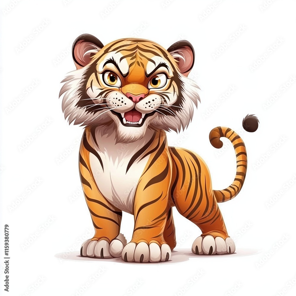 Funny cartoon tiger with playful expression and vibrant colors on a bright white background Funny cartoon tiger with playful expression and vibrant colors on a bright white background