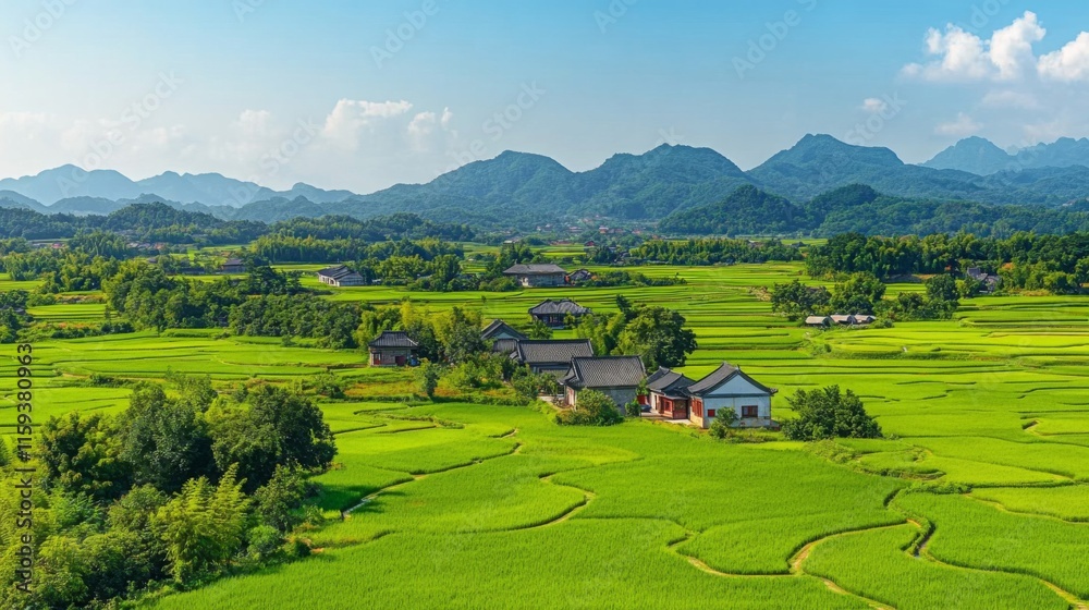 Lush Green Rice Terraces and Traditional Houses in Mountainous Region Lush Green Rice Terraces and Traditional Houses in Mountainous Region
