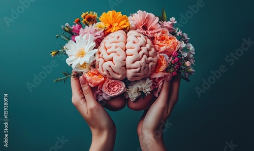 Hands cradle a paper brain adorned with vibrant flowers, symbolizing self care and the beauty of mental health photo