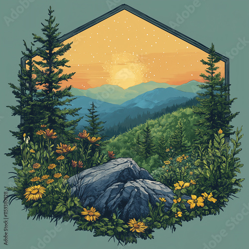Beautiful shenandoah national park illustration. US national park travel emblem badge landscape
