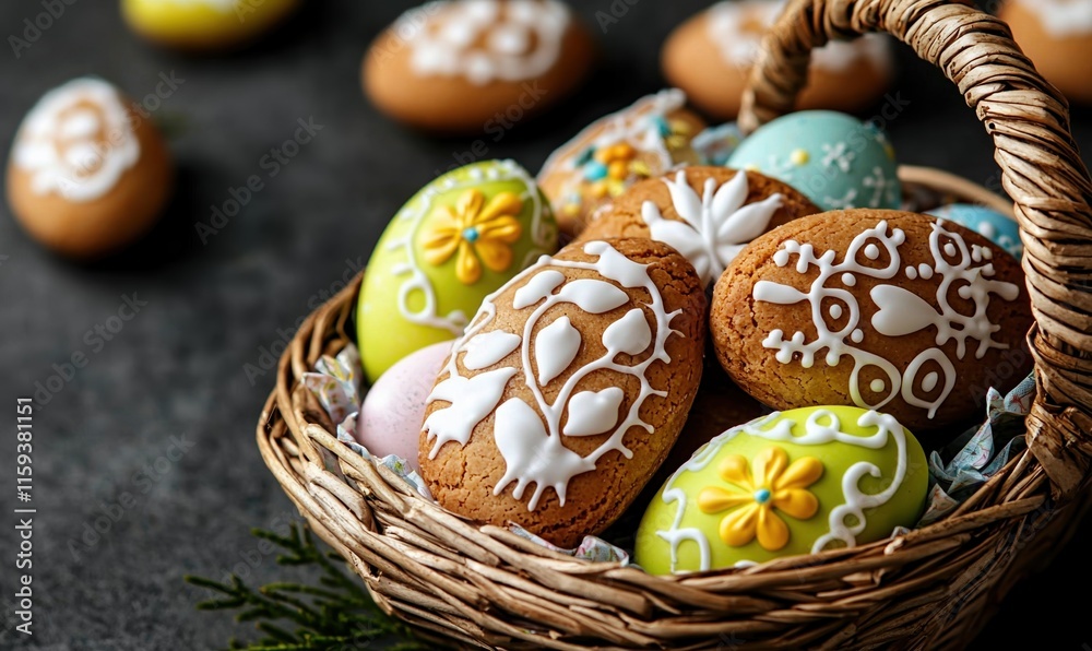 Celebrate Easter with a basket of colorful glazed cookies and vibrant eggs perfect for festive gatherings Celebrate Easter with a basket of colorful glazed cookies and vibrant eggs perfect for festive gatherings