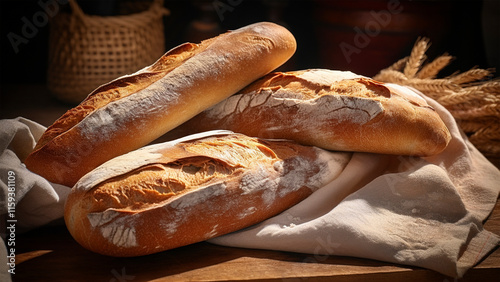 4K Golden Rustic FrenchBaguettes on Linen With Wheat Stalks in Vintage Bakery Setting photo