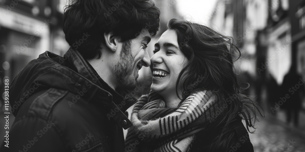 Man and woman are smiling at the camera, with the woman wearing a scarf. Scene is happy and affectionate Man and woman are smiling at the camera, with the woman wearing a scarf. Scene is happy and affectionate