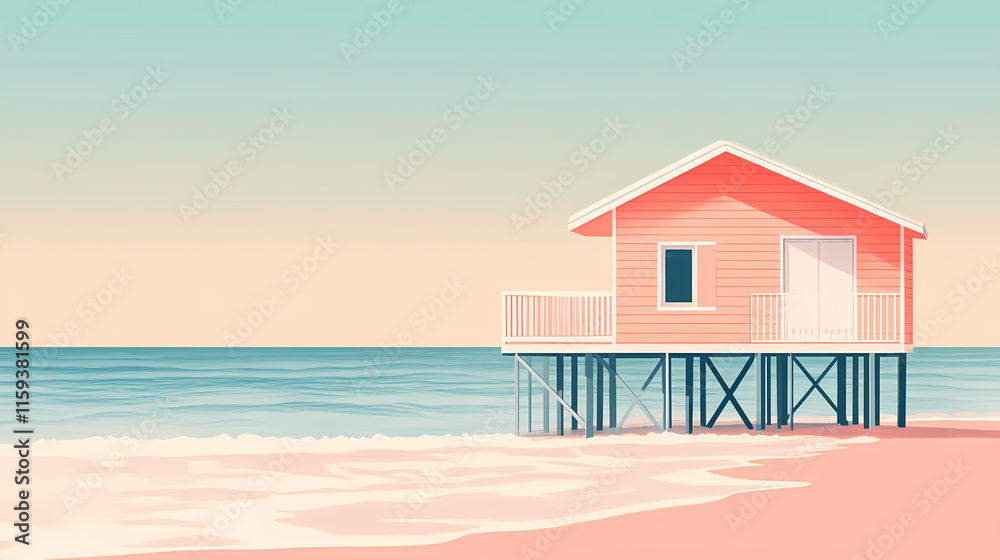 Obraz premium A cozy minimal beach hut on stilts over a clear. Seabreeze. Illustration