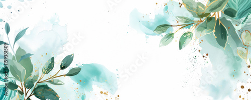Neutral white background highlighting green, gold, and abstract leaf elements.