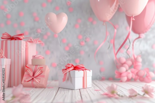 A festive table with presents and balloons in a soft pink theme. photo