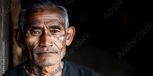 Elderly man with tattoos looking directly at the camera, showcasing wisdom and experience.